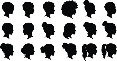 Diverse set of female head and hair style silhouettes in profile, representing various ages and ethnicities, perfect for beauty, fashion, avatar, and portrait-related designs and concepts.