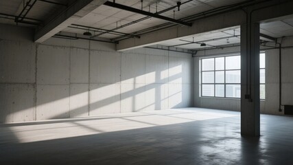 Obraz premium Empty Industrial Space with Concrete Walls and Large Windows