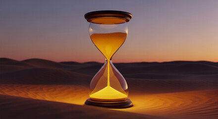 Hourglass in a desert landscape, golden sand flowing, symbolizing time passing.