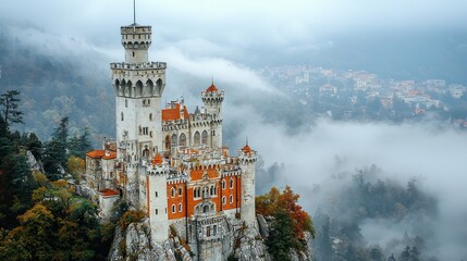 Historic castle overlooking misty landscape