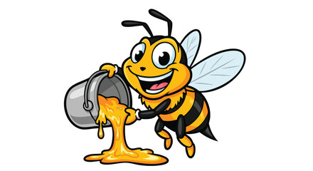 Cartoon bee smiling and pouring honey from a bucket, with wings outstretched.