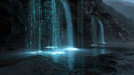 Digital waterfall cascading in a rocky landscape