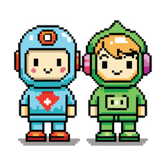 Retro Game Console Robot Character with Pixel Art Face and Button Details Standing on a White Background