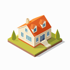 Isometric illustration of a charming house with orange roof surrounded by greenery