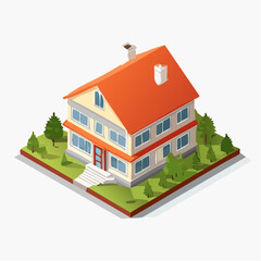 Isometric Representation of a Two-Story House with Red Roof and Green Surroundings Illustration