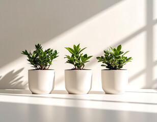 Fototapeta premium Three small houseplants in white ceramic pots with sunlight, minimalist indoor garden aesthetic