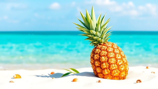 Tropical pineapple on a sandy beach with turquoise ocean