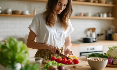 woman in a cozy kitchen preparing a healthy meal with fresh vegetables, fruits, and nuts, showcasing the benefits of zinc for women's health,