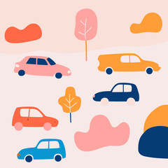 Colorful parking illustration featuring various cars and trees for transportation and urban planning