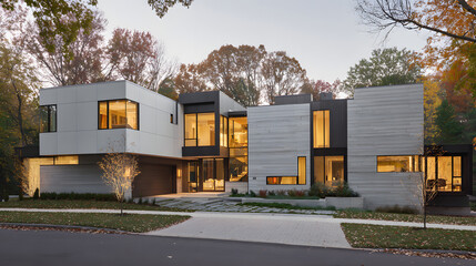 Contemporary house at dusk with warm interior lights, peaceful residential setting and soft focus.