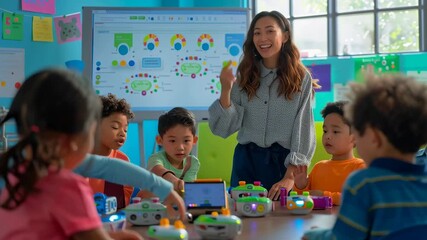 Children engage with educational robots in a vibrant classroom setting, guided by a smiling teacher. - Powered by Adobe