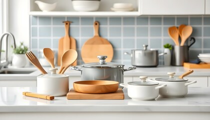 Cooking setup modern kitchen kitchenware bright environment tabletop view culinary art