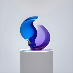 Modern abstract glass sculpture in vivid blue and purple, elegantly poised on a white pedestal, showcasing fluid forms