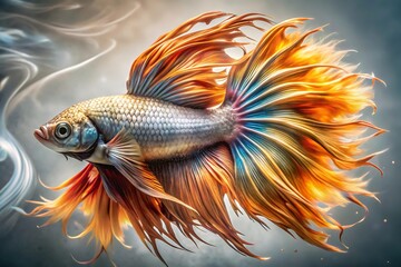 Fototapeta premium Majestic betta fish with fiery orange and golden flowing fins dances gracefully in aquatic environment