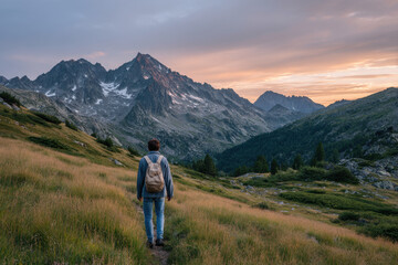 Obraz premium hiker with backpack is ascending majestic mountain at sunset with ar marking peaks clearly visible