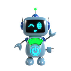 ウインクして手を挙げるポーズをとる青いロボットキャラクターの3Dイラスト