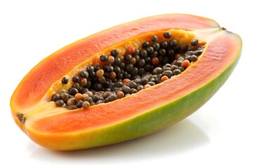 Sliced Papaya Showing Seeds and Flesh on White Background