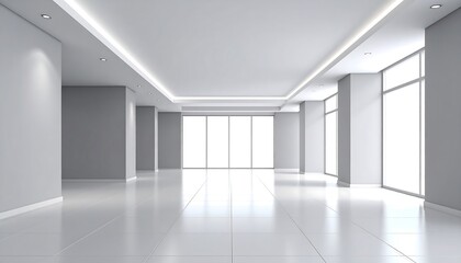 Obraz premium Bright and modern minimalist interior with large windows and gray walls design