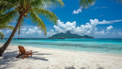 Fototapeta premium Paradise beach with view an island, wood chair, holiday summer theme