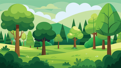 Cartoon Style Illustration of Lush Greenery with Trees Plants and Foliage © SUVASCHANDRA
