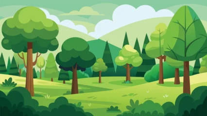 Fototapeten Lindgrün Cartoon Style Illustration of Lush Greenery with Trees Plants and Foliage  © SUVASCHANDRA