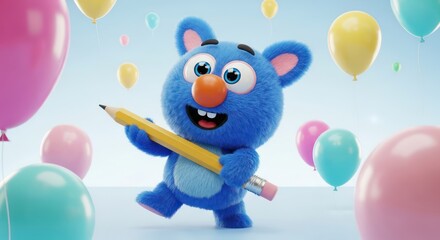 Blue furry character holding pencil surrounded by balloons