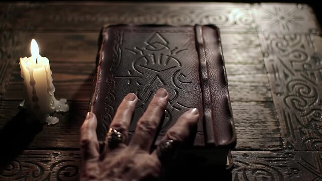 An ornately carved leather book lies on a carved wooden table, illuminated by a flickering candle next to a hand with several rings