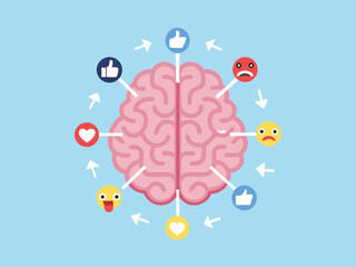Social Media Impact on the Brain with Emojis and Arrows Illustration