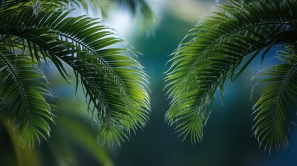Lush tropical palm leaves against an abstract blurred background design