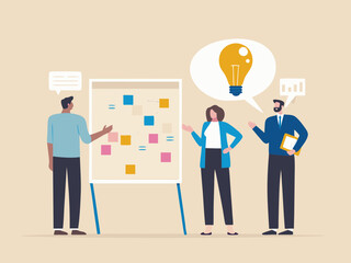 Business team brainstorming ideas with sticky notes on whiteboard for planning