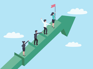 Fototapeta premium Teamwork and Collaboration Business People Climbing Arrow Towards Success with Flag