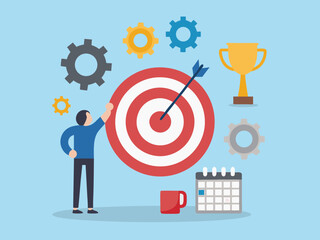 Business Goal Achievement with Target Gears Trophy Calendar and Coffee