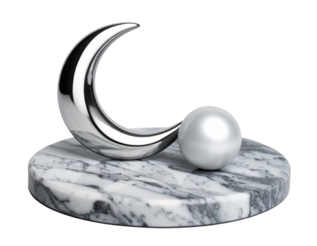 Polished Abstract Crescent and Dot Sculpture on Marble Surface Suggesting Messaging Icon