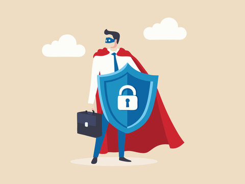 Superhero businessman protecting data with shield and padlock from cyber attack
