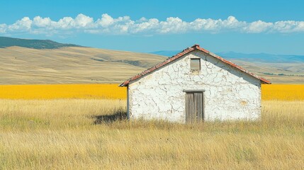 Obraz premium Isolated white building in a yellow field under blue sky