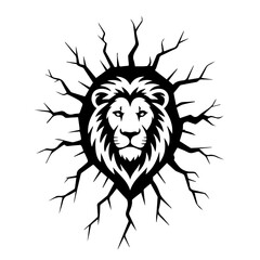 Obraz premium The Majestic Lion: A powerful black and white illustration depicts a lion's face emerging from a cracked circle, representing strength, authority, and courage.