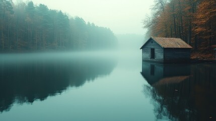 Fototapeta premium Lakefront building and misty landscape