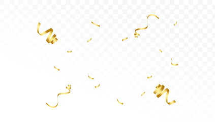 Gold confetti and ribbon streamers falling on a transparent background