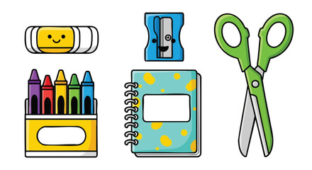 Collection of colorful school supplies, including crayons, scissors, and a notebook.