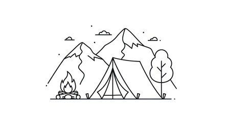 Camping scene with mountains tent and campfire illustration