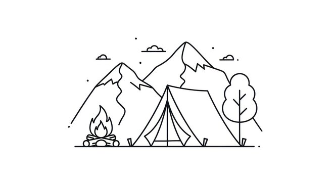 Camping scene with mountains tent and campfire illustration