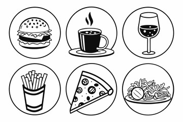 A collection of food and drink icons in circles