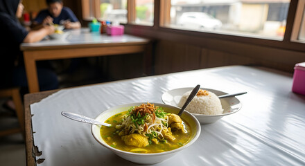 Delicious Soto Ayam Indonesian Chicken Soup with Rice Meal