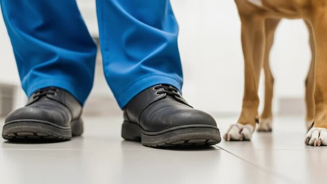 A low-angle view of a person in blue scrubs and black shoes standing beside a light brown dog on a clean floor.