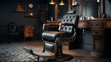Vintage leather barber chair in modern barbershop with dark walls and wood furnishings