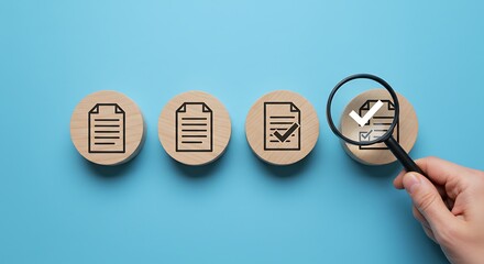 A hand uses a magnifying glass to inspect a checklist document, ensuring quality control and compliance