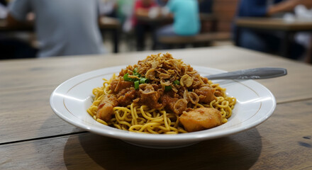 Delicious Mie Goreng Noodles with Crispy Fried Onions and Chicken