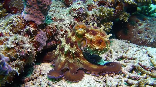 Camouflaged octopus among coral