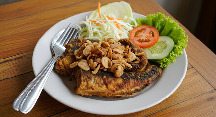 Fried Fish with Peanut Topping and Fresh Salad on Plate