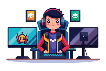 Gamer Immersed in Digital World Cartoon Illustration Depicting Virtual Reality Gaming and Esports in Modern Design